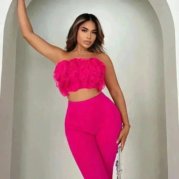 Pink Casual Womens Pleated Ruffle Strapless Red Pink Bandeau Top And Flare Pants - Picture 4 of 5